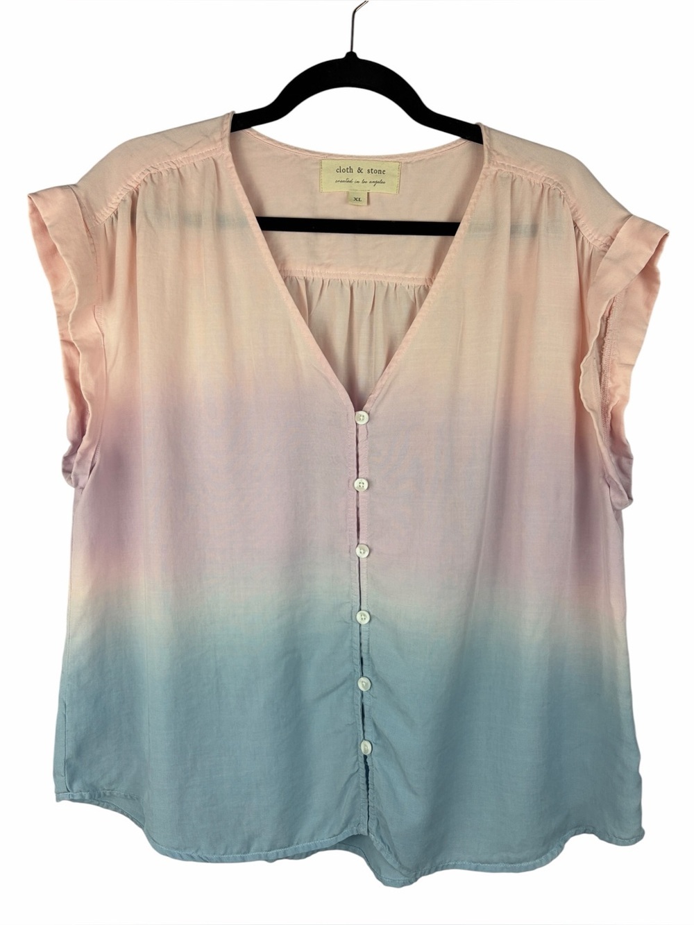 Cloth & Stone Anthropologie Ombre Tencel Button Front Blouse Pink Blue XL